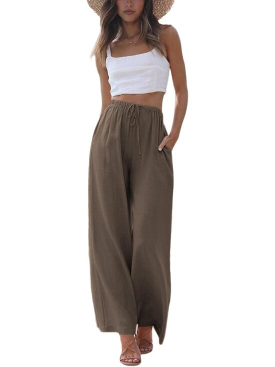 Pants - Women Dark Coffee High Rise Flowy Wide Beach Trousers with Pockets Palazzo Pants